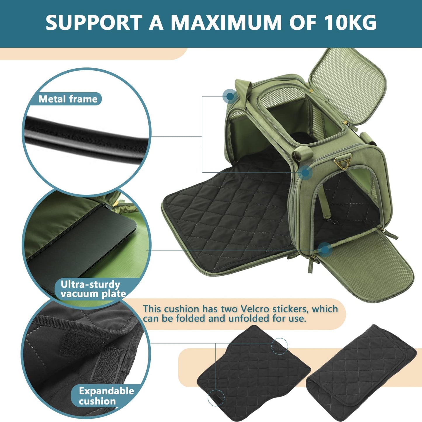 Soft Sided Travel Carrier, Airline Approve Pet Carriers with Ventilation Quadrangle Stylish Oxford Fabric and Expandable Mat, 44 * 26 * 26CM