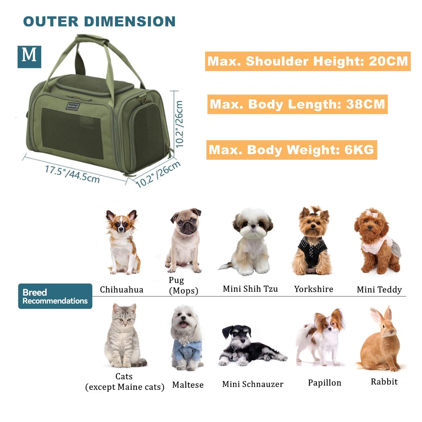 Soft Sided Travel Carrier, Airline Approve Pet Carriers with Ventilation Quadrangle Stylish Oxford Fabric and Expandable Mat, 44 * 26 * 26CM