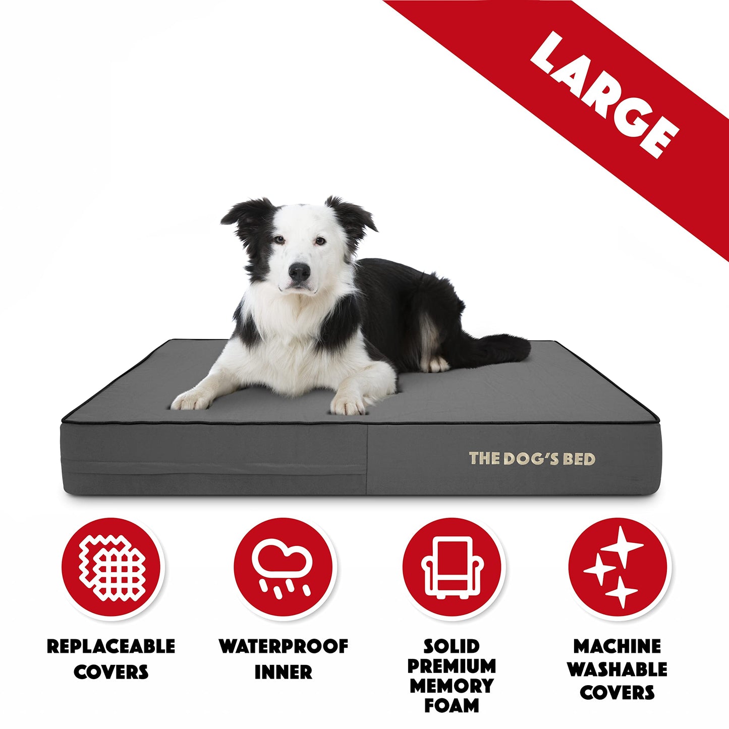 'The Dog's' Orthopaedic Dog Bed Large Grey with Black Piping, Waterproof Memory Foam Dog Bed