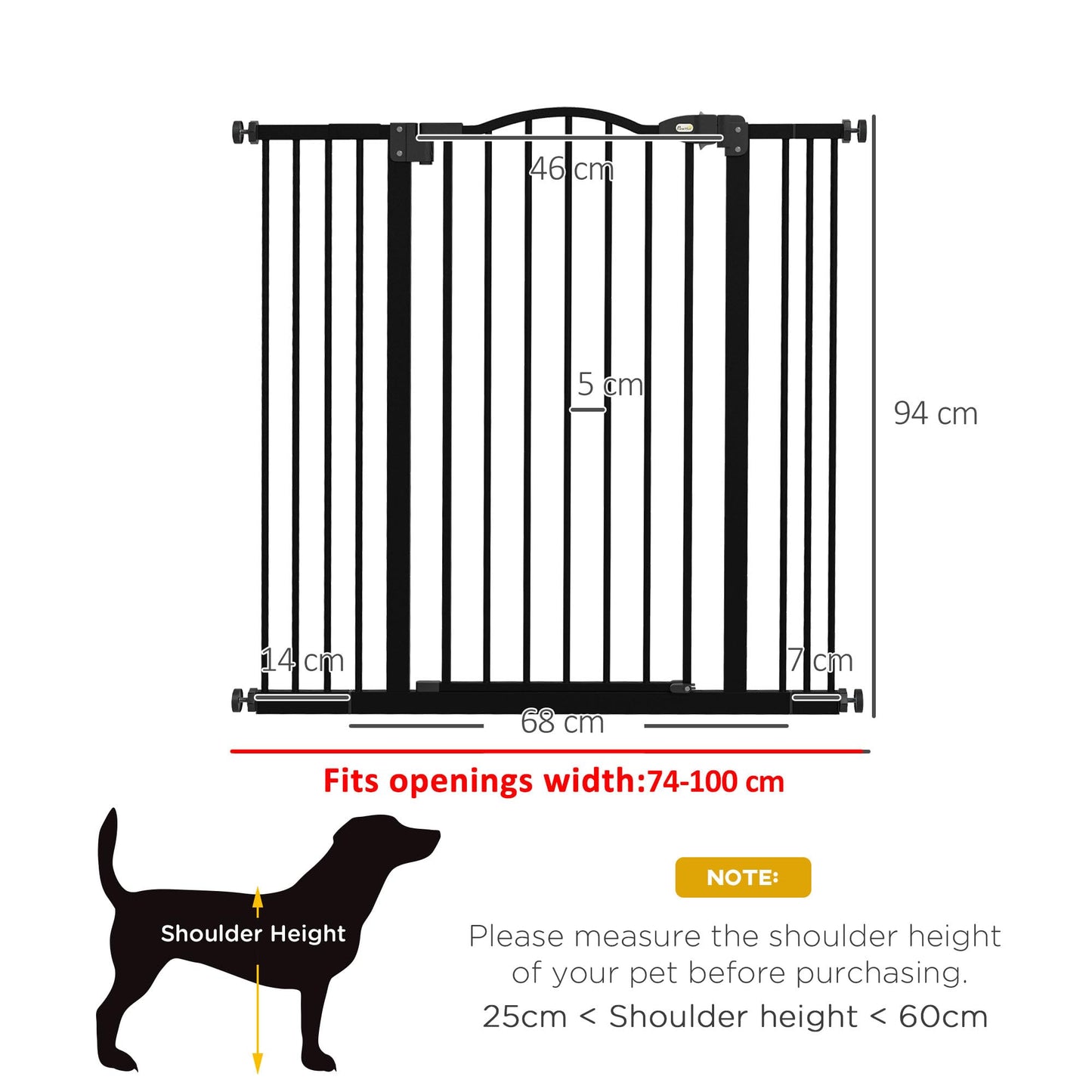 Pressure Fit Dog Stair Gate No Drilling Safety Gate Auto Close for Doorways, Hallways, 74-100cm Adjustable, 94cm Tall, Black