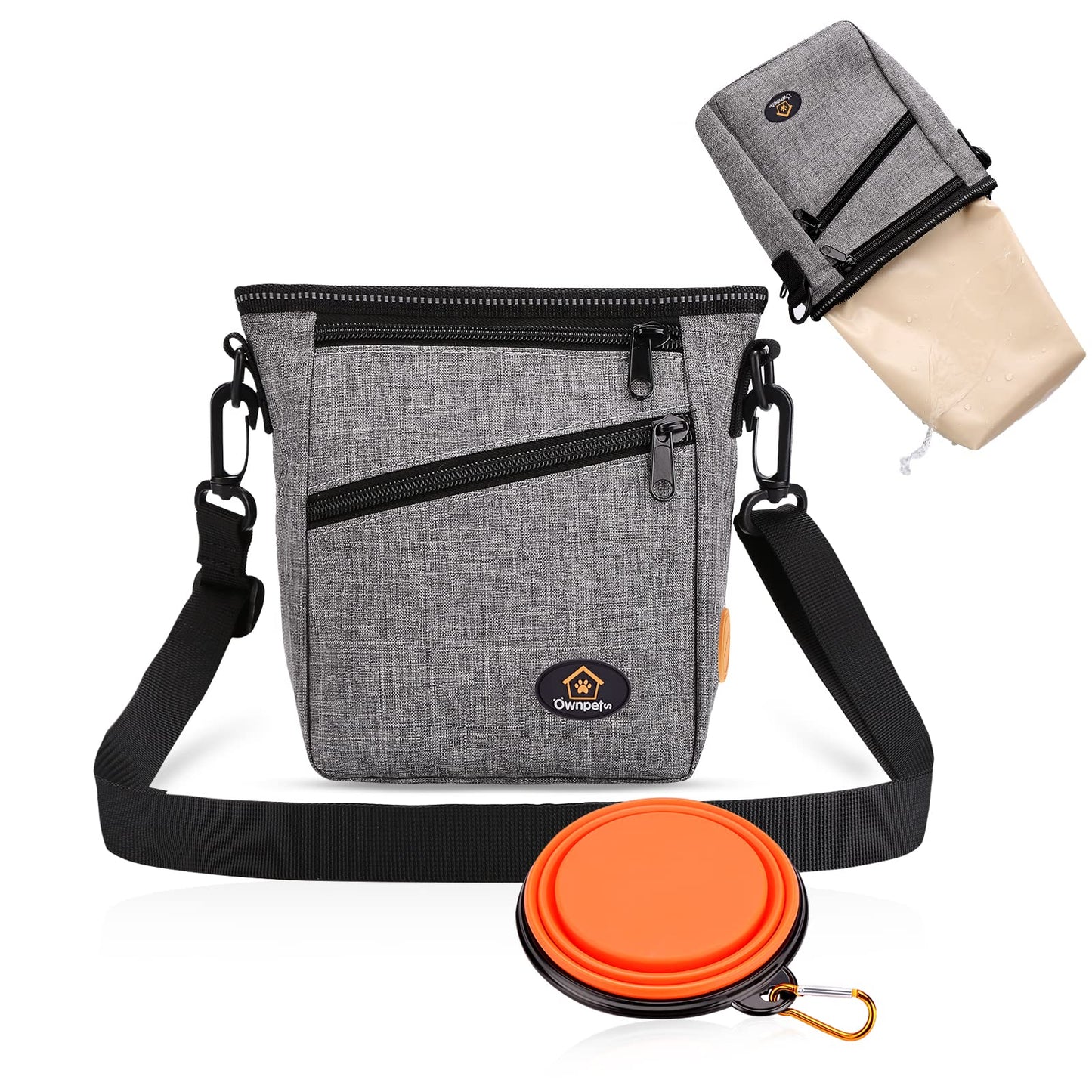 Ownpets Dog Training Pouch with 4 Pockets, Adjustable Waist/Shoulder Strap, and Reflective Safety Features – Grey