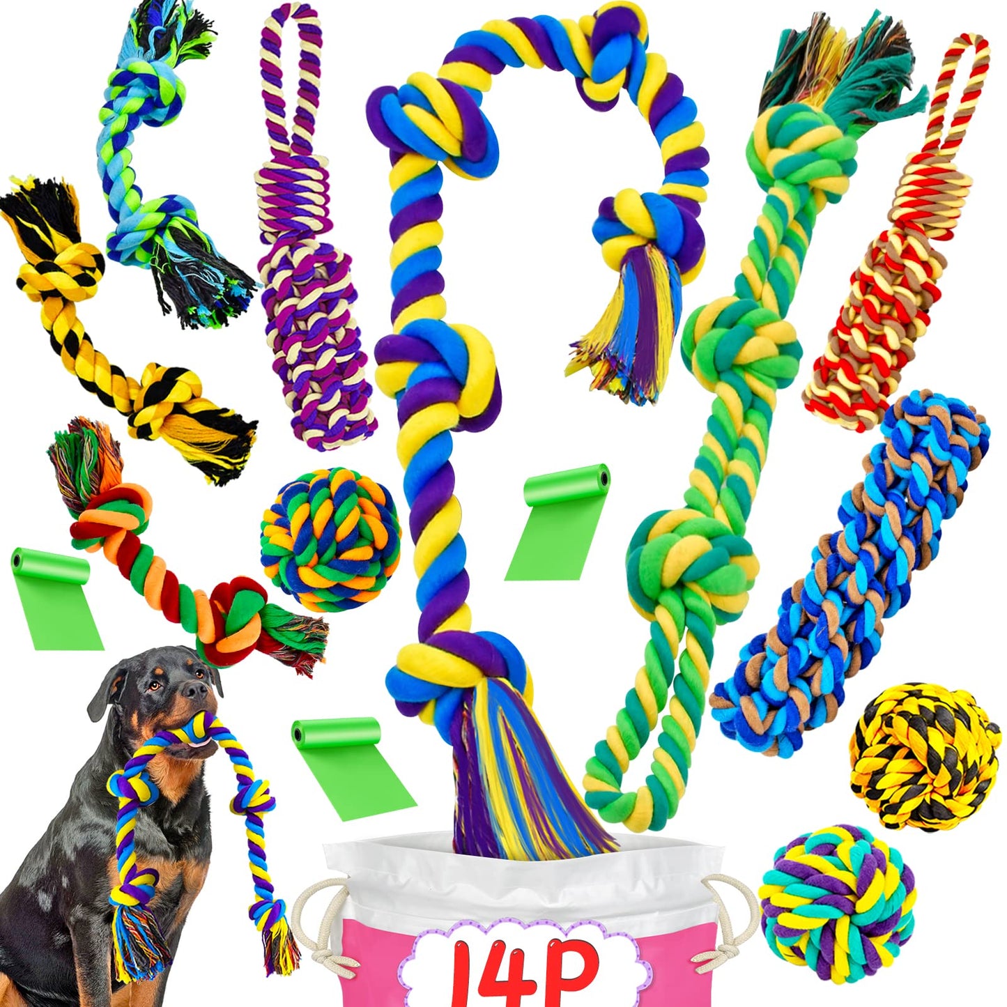 XL Dog Toys for Aggressive Chewers, 14-Pack Durable Rope Chew Toys for Large Breeds & Teething Puppies