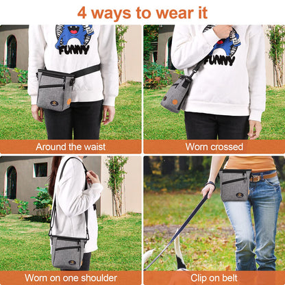 Ownpets Dog Training Pouch with 4 Pockets, Adjustable Waist/Shoulder Strap, and Reflective Safety Features – Grey