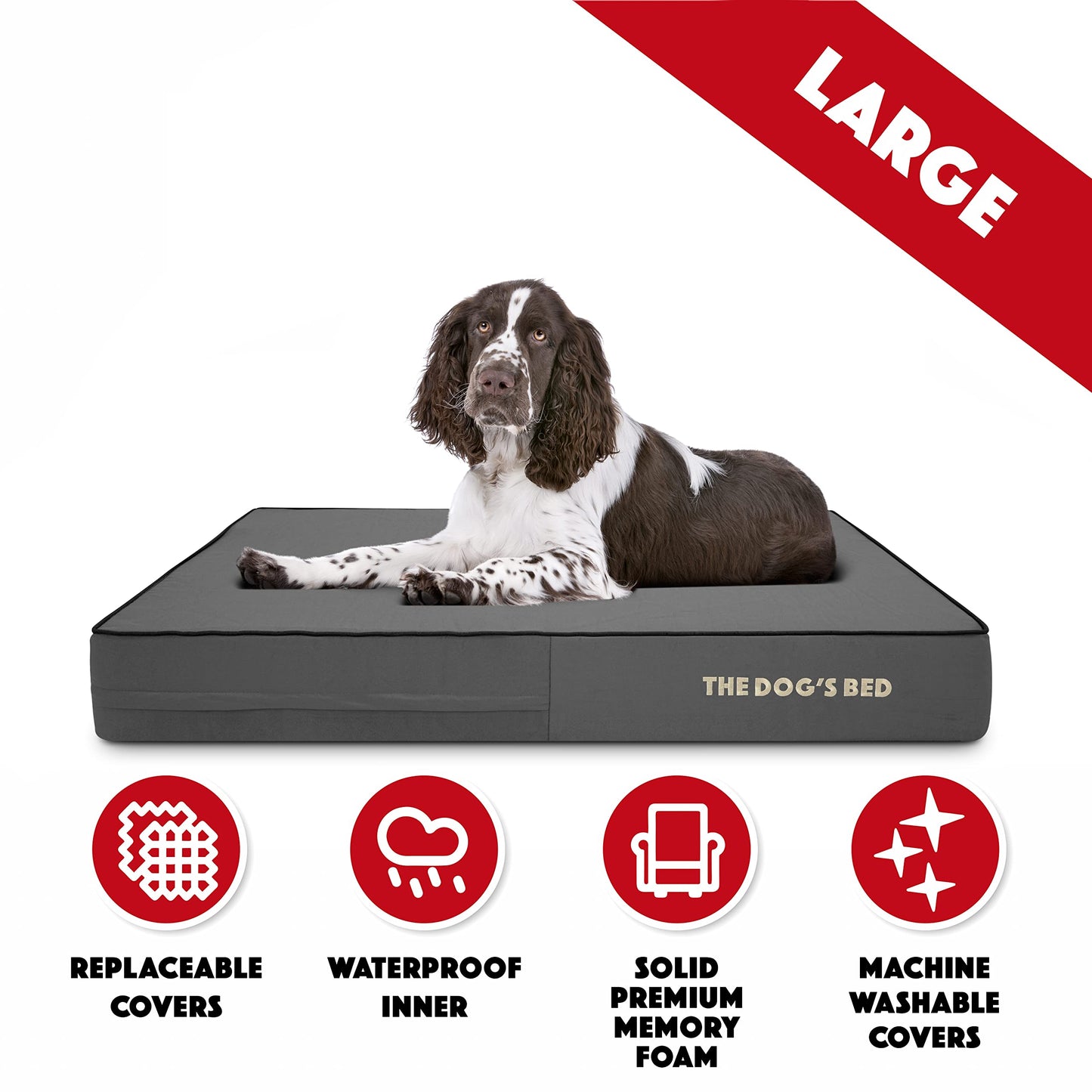 'The Dog's' Orthopaedic Dog Bed Large Grey with Black Piping, Waterproof Memory Foam Dog Bed