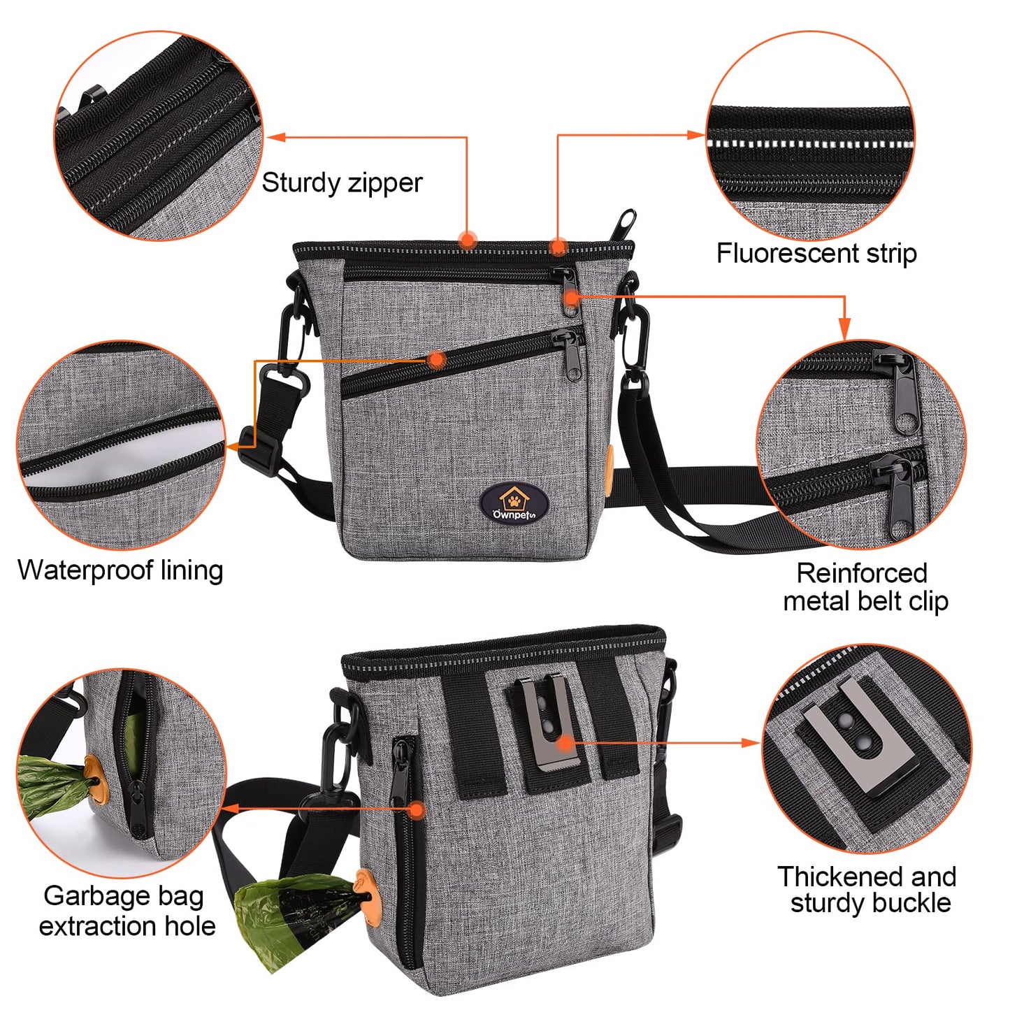 Ownpets Dog Training Pouch with 4 Pockets, Adjustable Waist/Shoulder Strap, and Reflective Safety Features – Grey