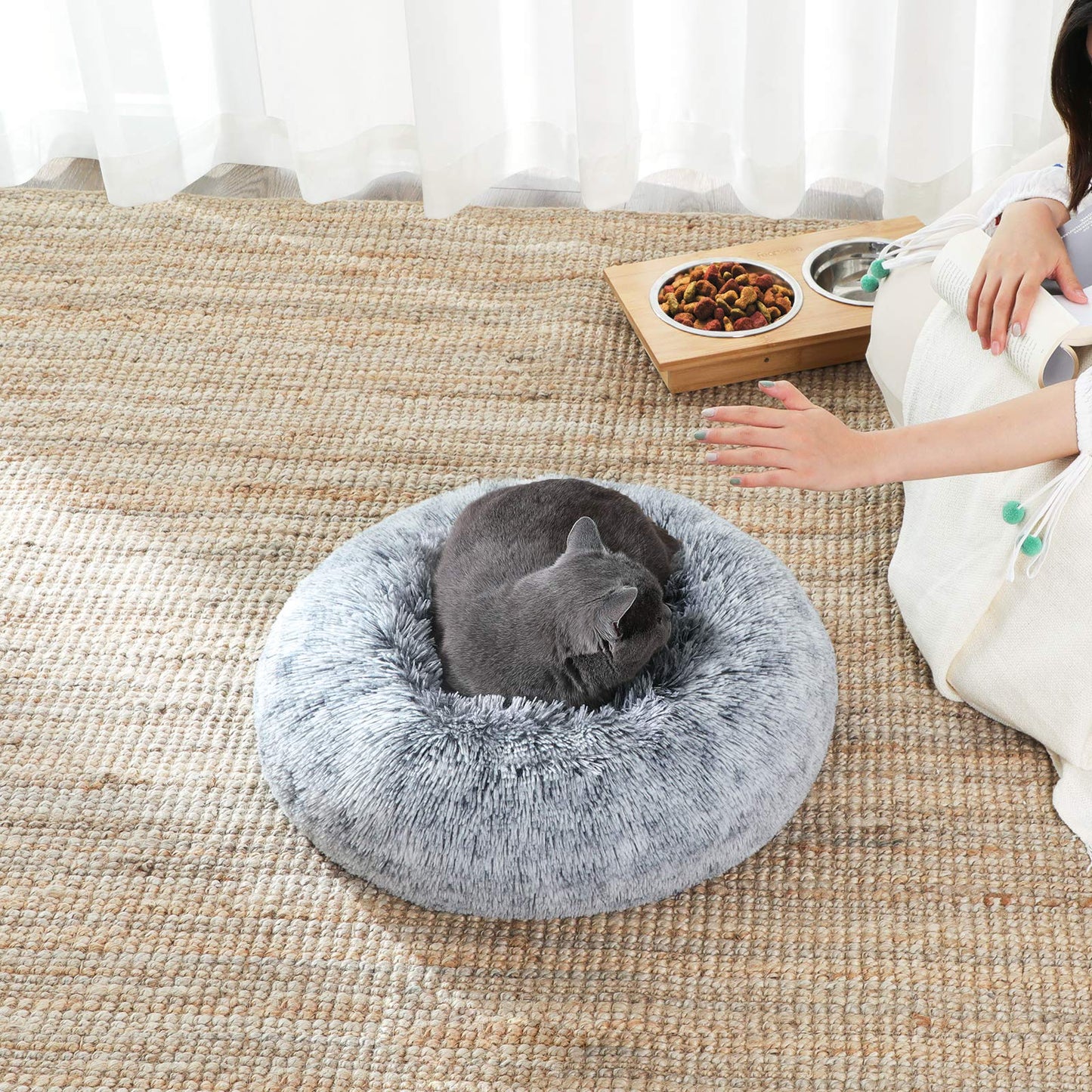 Donut Dog Bed, Fluffy Calming Pet Bed with Removable, Washable Cover, 50 cm, Grey